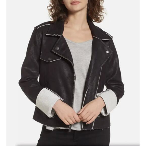 Splendid Faux Suede French Terry Moto Jacket Black White Raw Hem XS - Picture 1 of 6